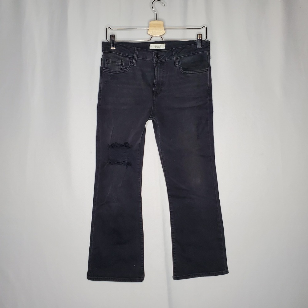 Forever 21 Denim Capri Jeans Womens 28 Black‎ Distressed Ripped Stretch Pocket